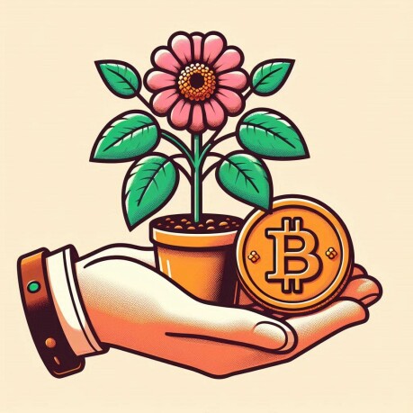 A hand holds a flower pot containing a Bitcoin and a coin, symbolizing the concept of quantum income in finance.